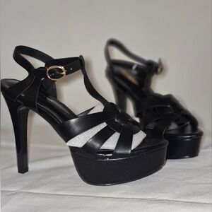 Black Platform T-Strap High Heel Sandals with Gold Buckle